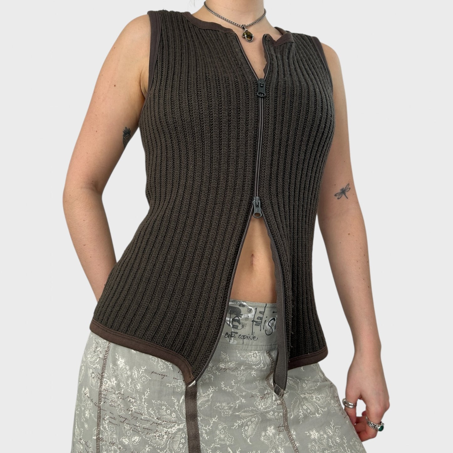 Cop Copine Brown Sleeveless Double Zip Jumper - M/L
