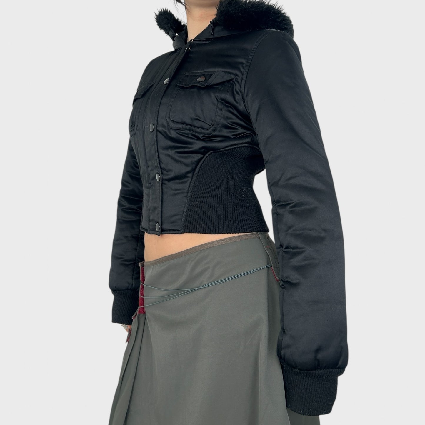 Black Jennyfer Cropped Faux Fur Trim Bomber Jacket - S