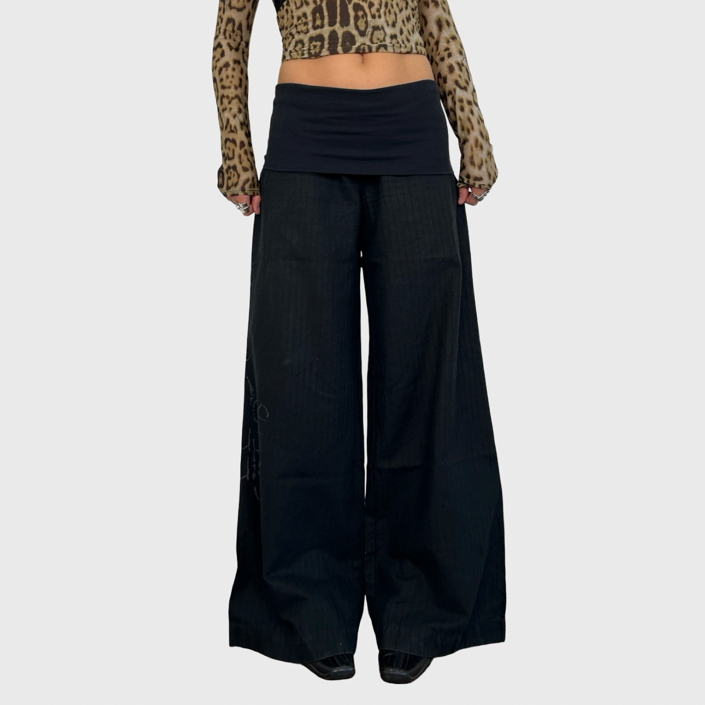 Cop Copine Black Foldover Waist Wide Leg Trousers - L