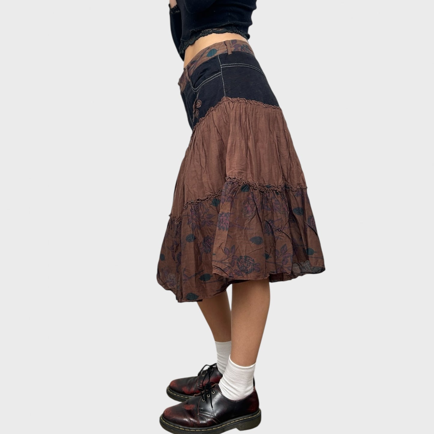 Brown Contrast Flower Midi Skirt - M/L
