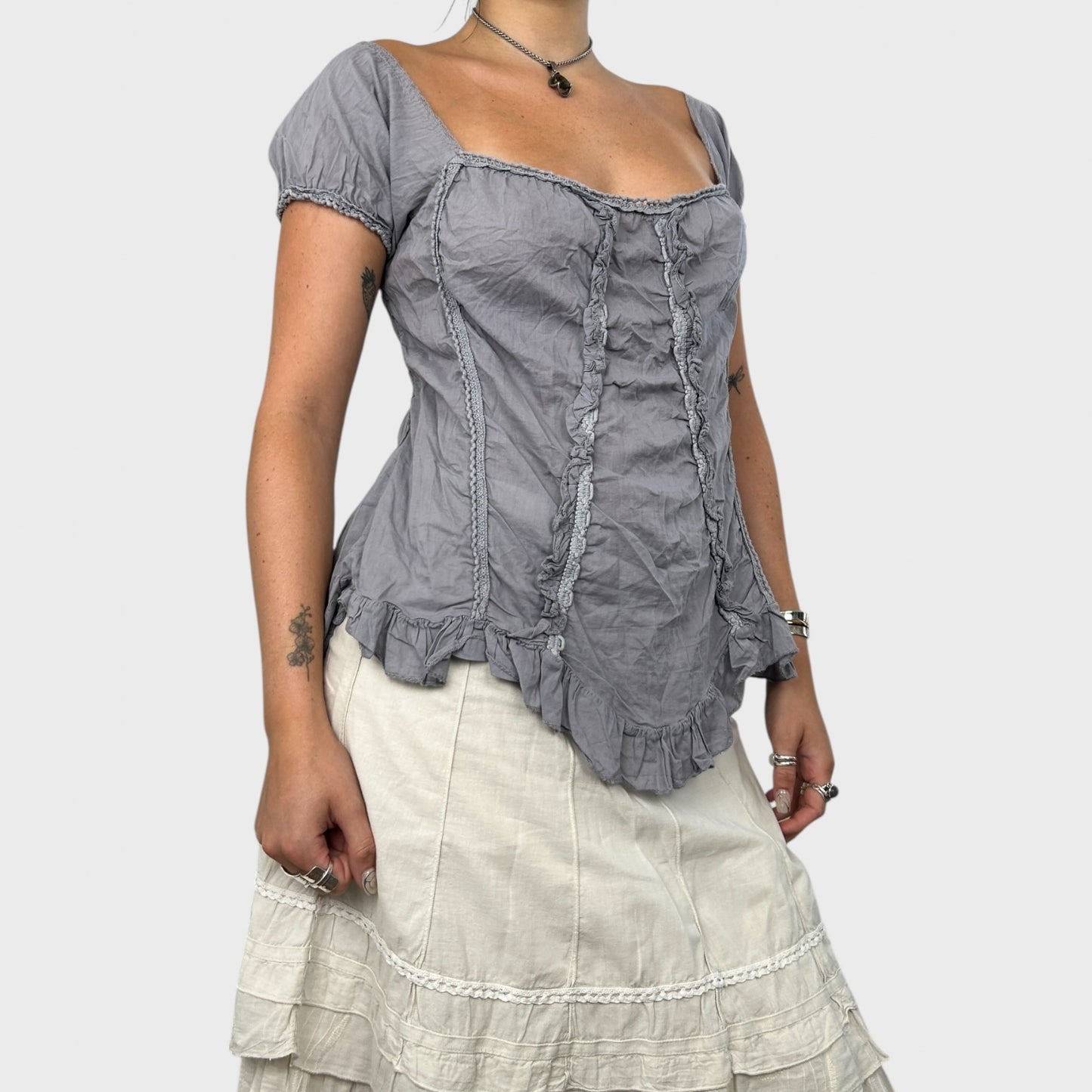 Grey Frilly Boho Bardot Top - M/L