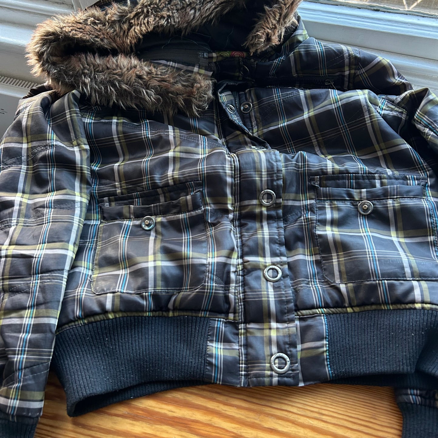 Vintage Checkered Bomber Jacket with Hood - M