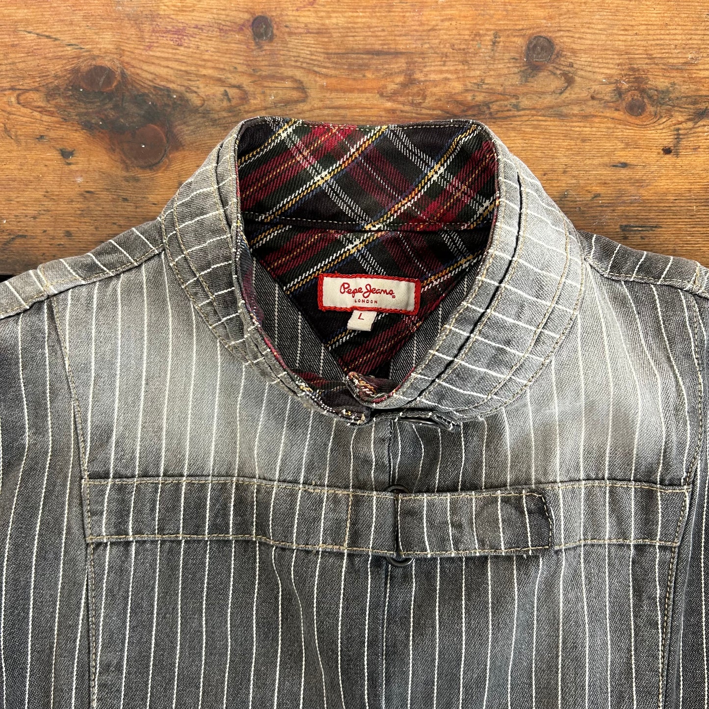 Vintage Grey Faded Striped Denim Jacket - M