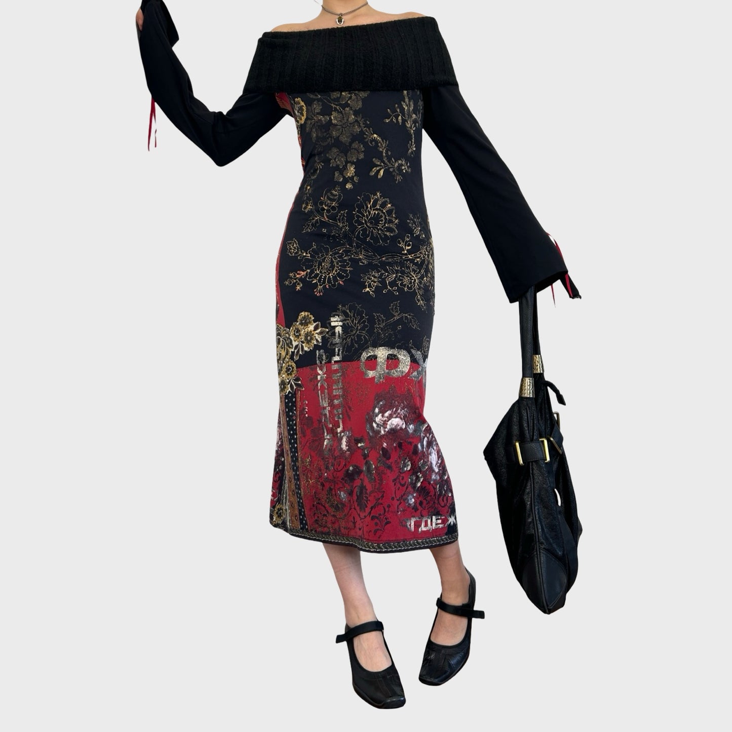 Rare 90s Archive Save The Queen Graphic Off-The-Shoulder Midi Dress - M