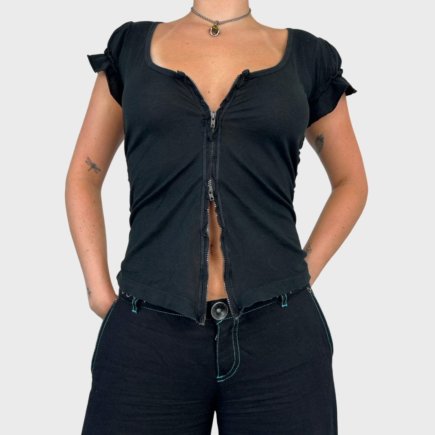Cop Copine Black Ruched Double Zip Top - M