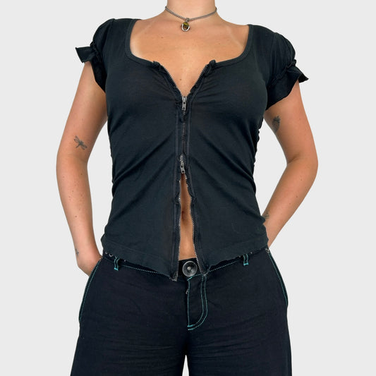 Cop Copine Black Ruched Double Zip Top - M