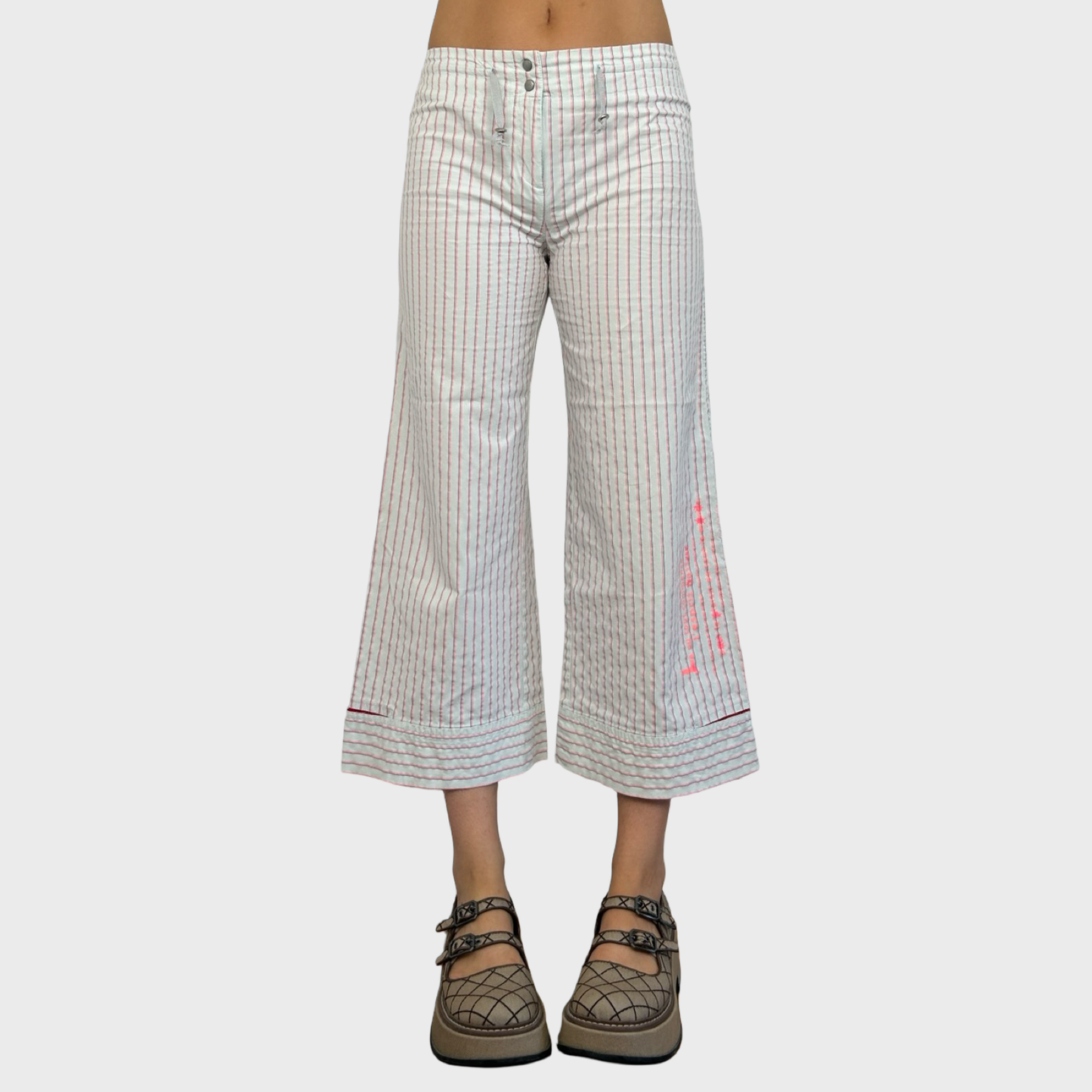 Cop Copine White & Pink Striped Capri Trousers - S