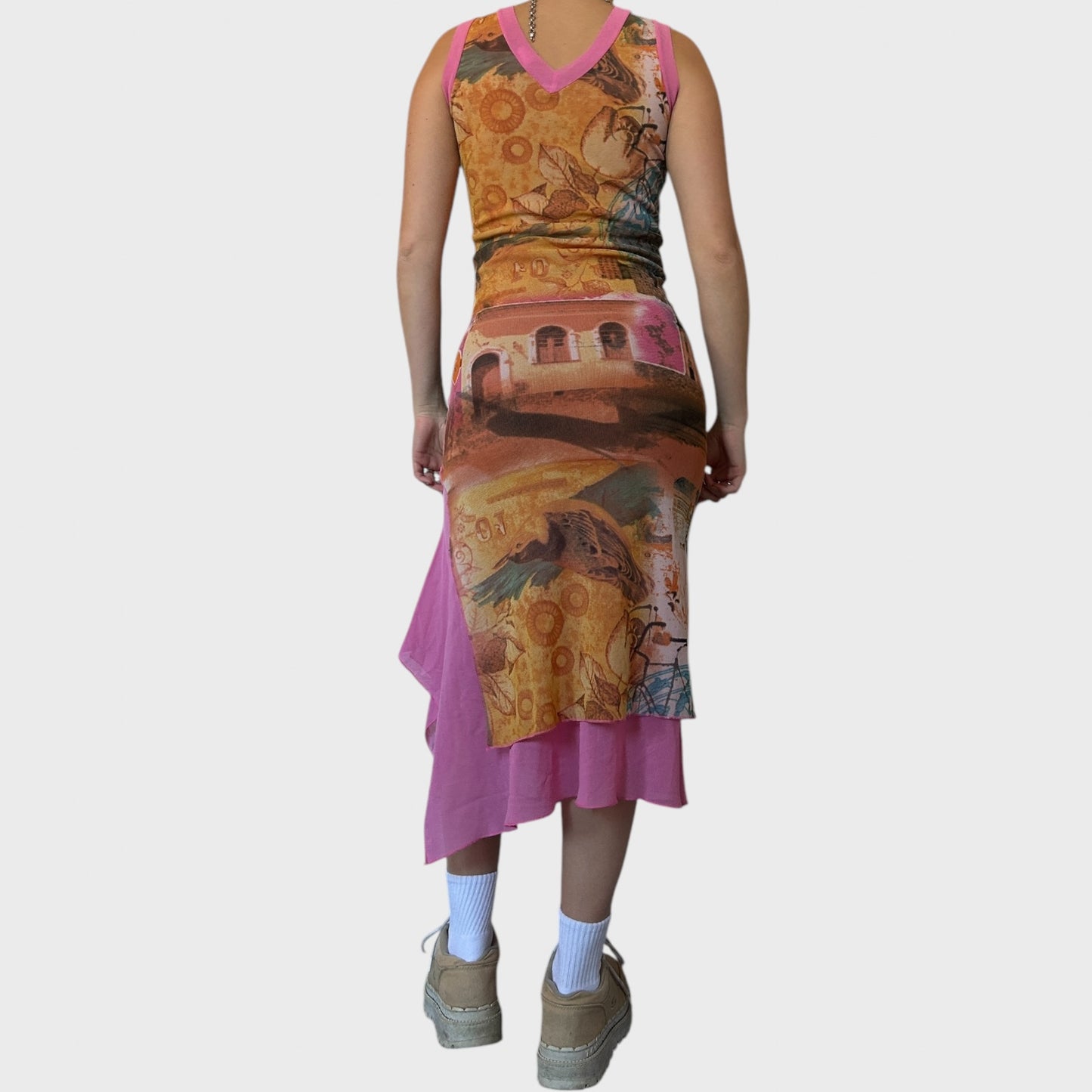 Pink Graphic Vintage Mesh Midi Dress