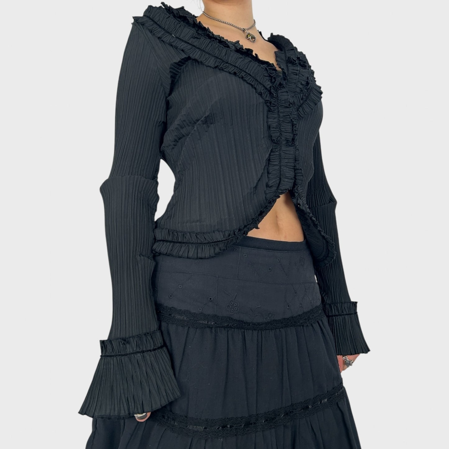 Vintage Black Crinkle Ruffle Blouse - M