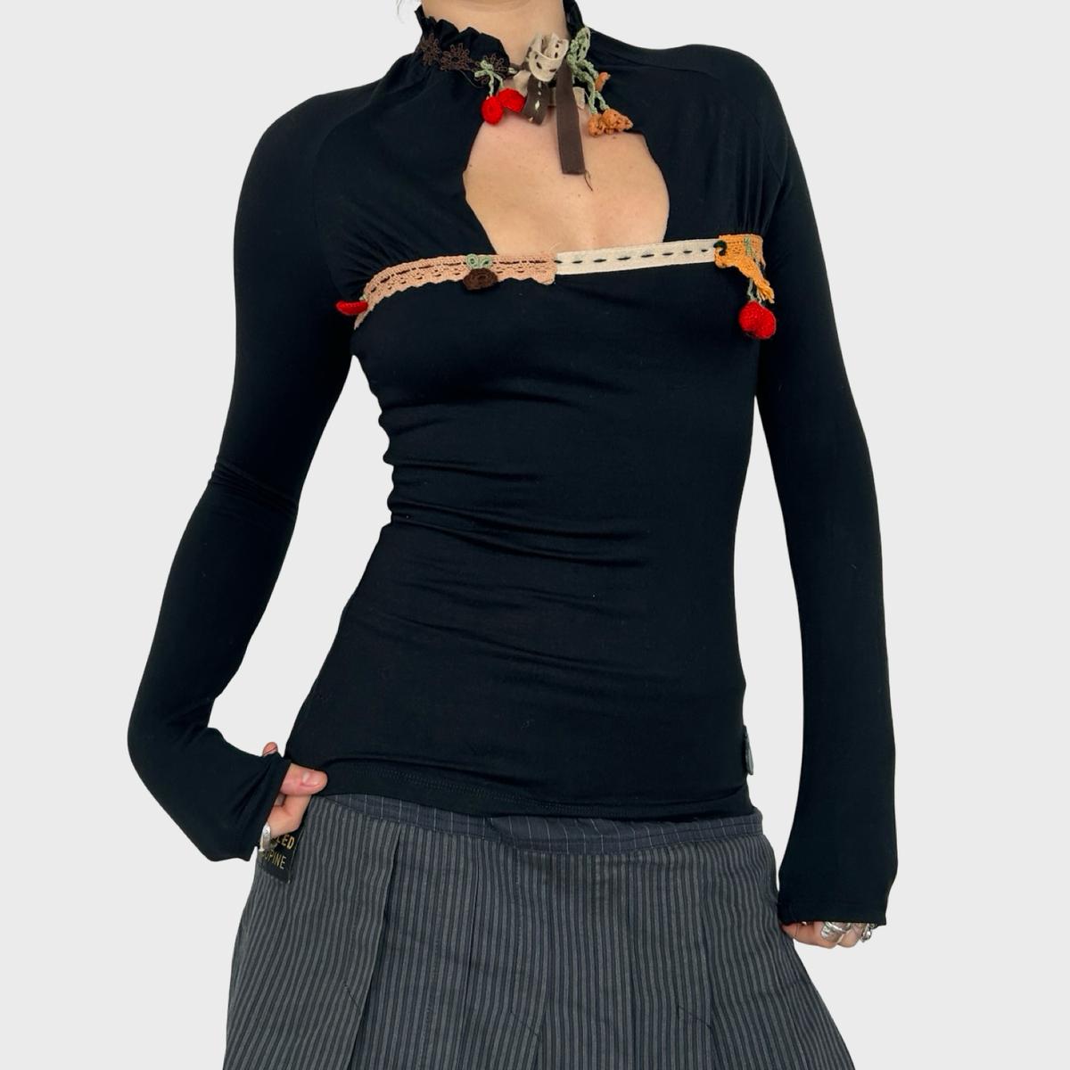 Miss Sixty Black Key Hole Tie Neck Long Sleeve Top - XS/S