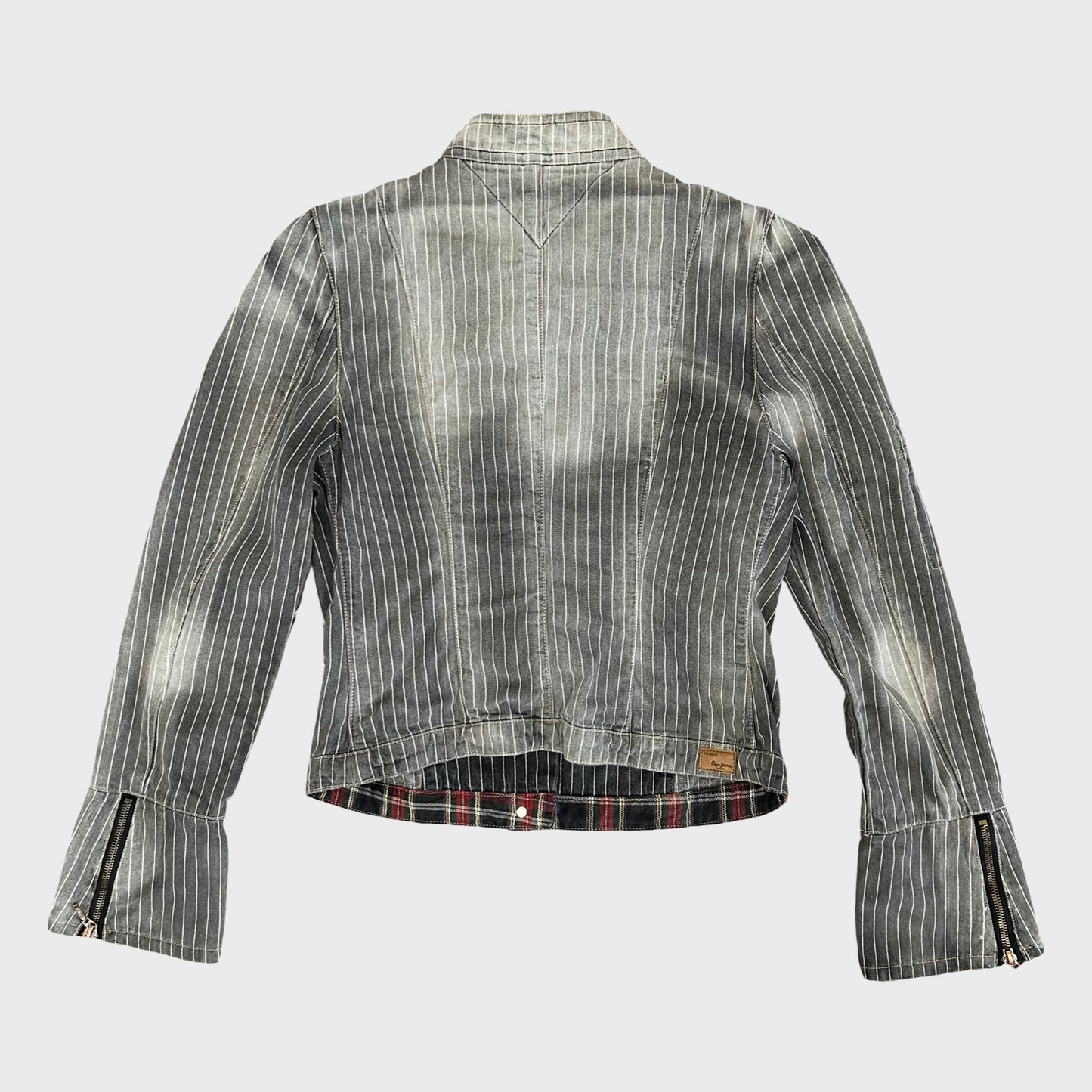 Vintage Grey Faded Striped Denim Jacket - M