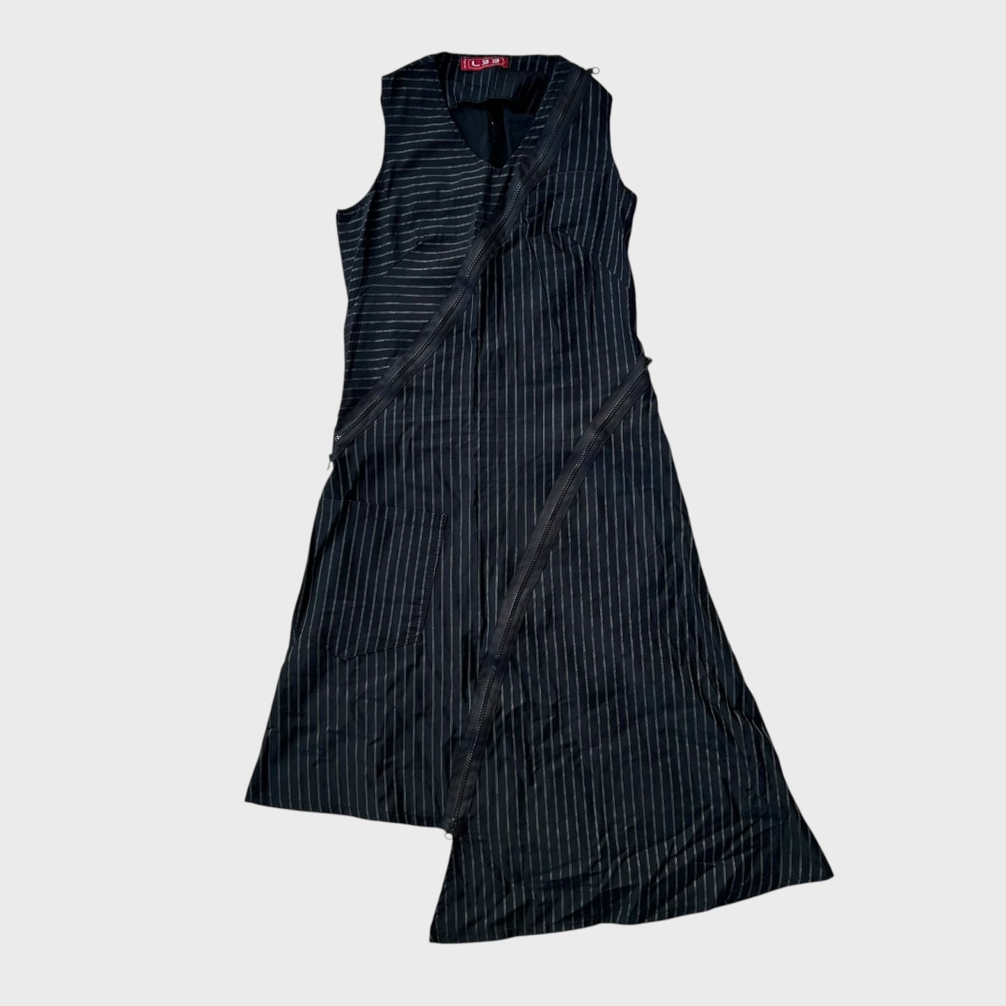 Archival pinstripe asymmetrical midi dress