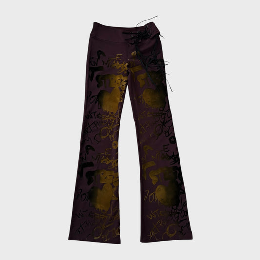 Vintage Purple Flared Trousers – Gold Graffiti Print & Tie-Up Belt