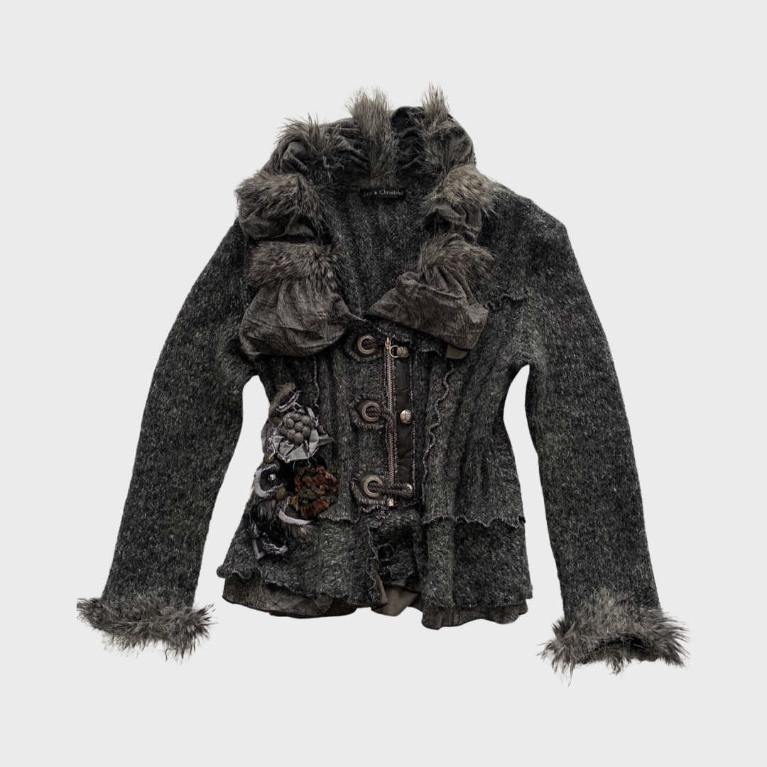Whimsical goth grey faux fur collar knit cardigan