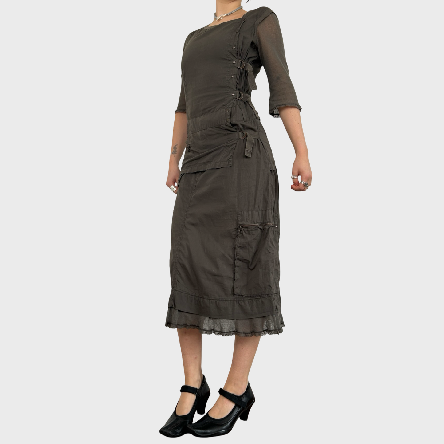 Cop Copine Khaki Buckle Midi Dress - L