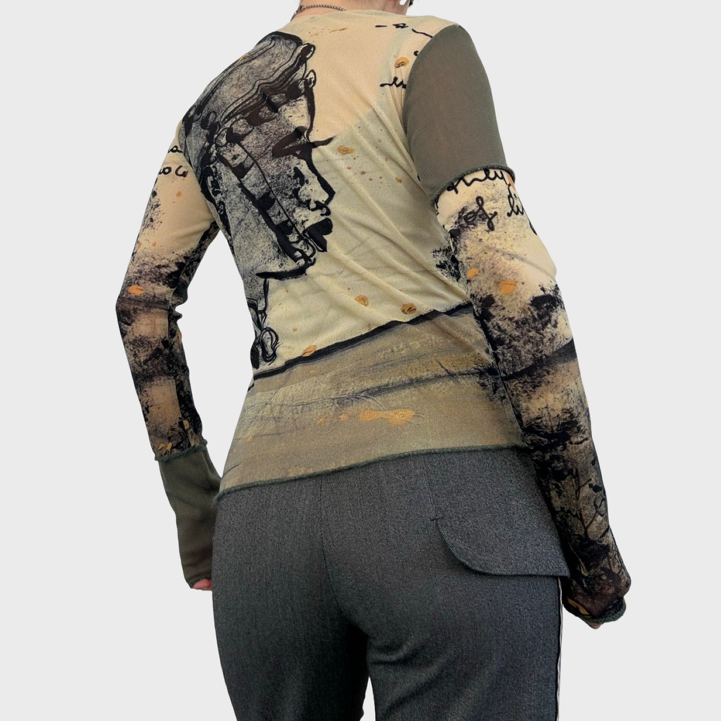 Vintage Graphic Face Print Mesh Long Sleeve - S/M