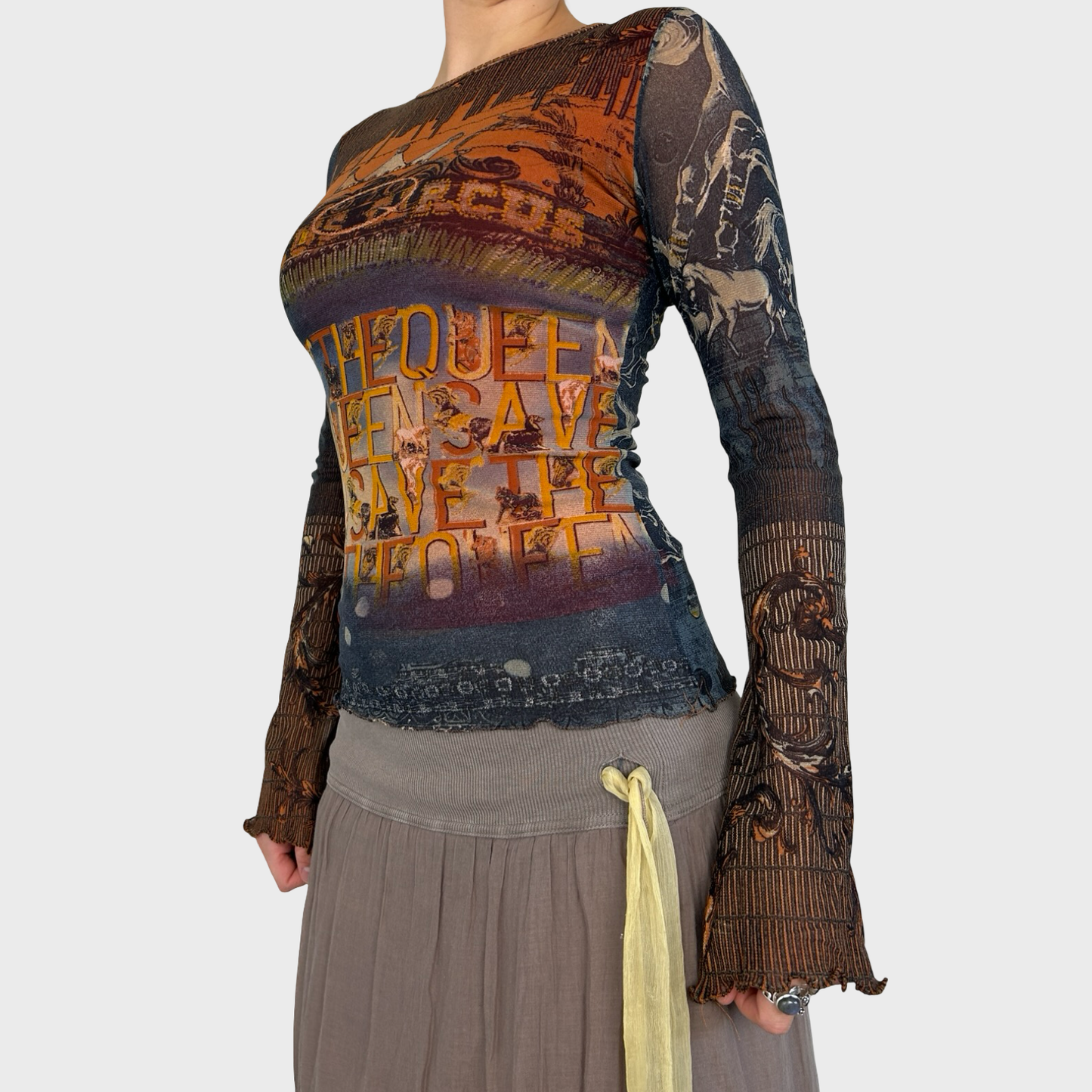 Save The Queen Graphic Mesh Long Sleeve Top - S