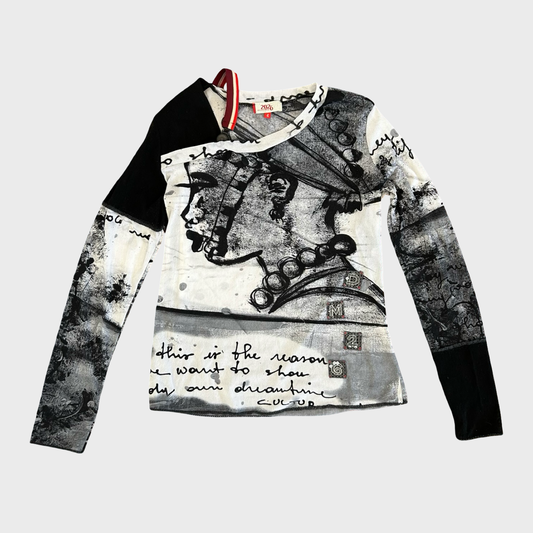 Vintage Graphic Print Long Sleeve Mesh Top - L/XL