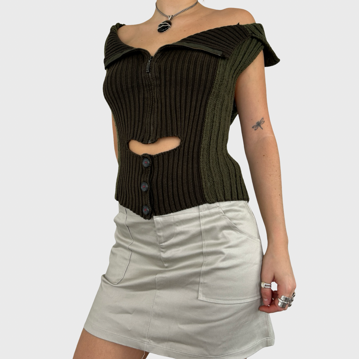 Cop Copine Khaki Zip Button Knit Top - L