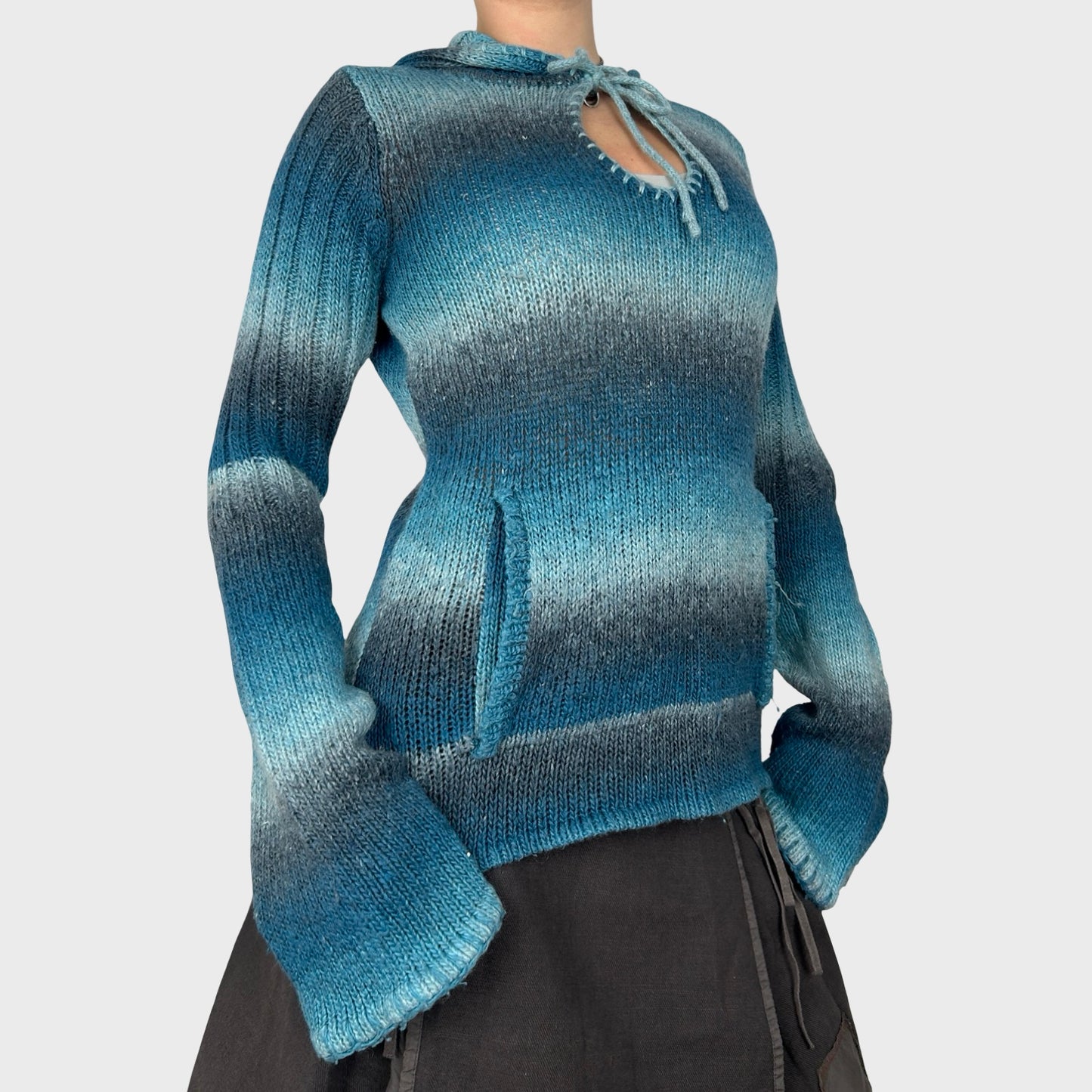 Blue Striped Knit Hoodie - S