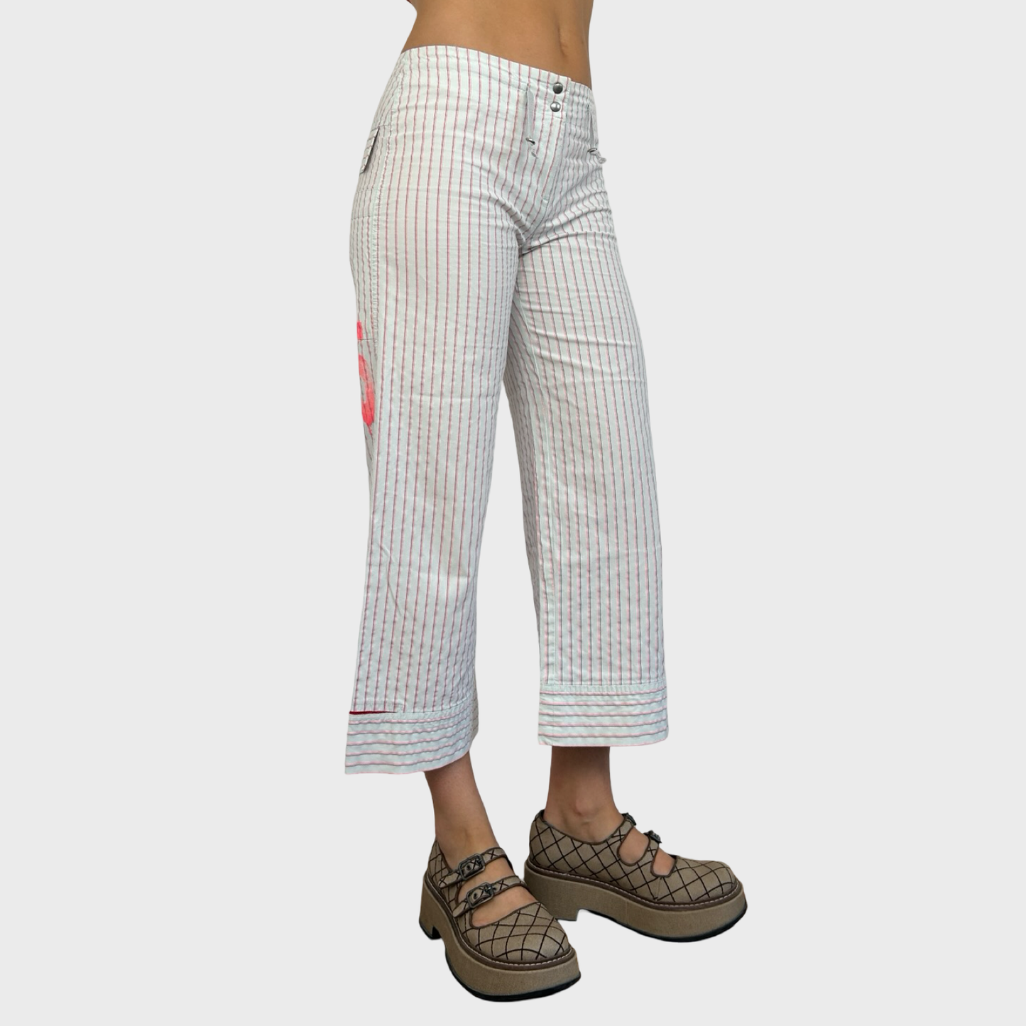 Cop Copine White & Pink Striped Capri Trousers - S