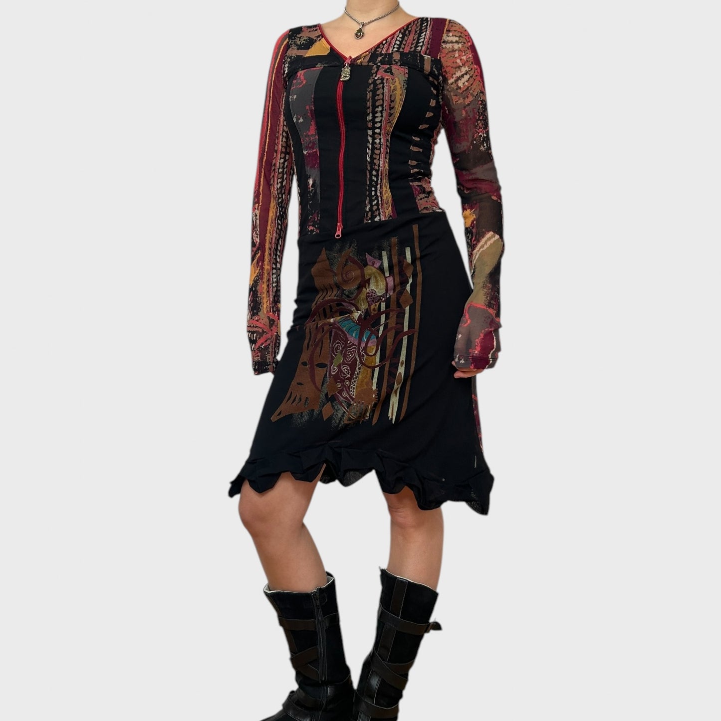 Save the Queen Graphic Print Mesh Zip-Up Dress