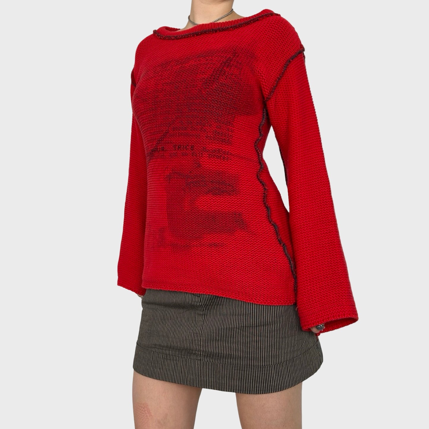 Cop Copine Red Graphic Chunky Knit Jumper - M