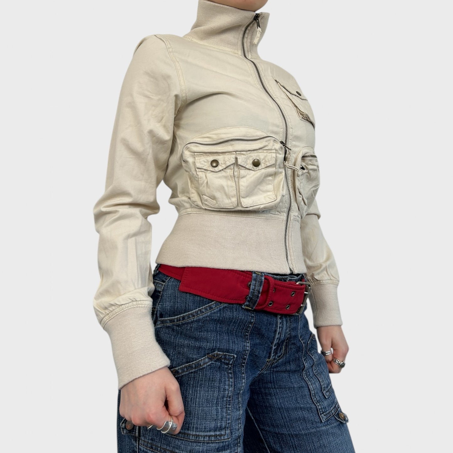 Vintage Beige Pocket Zip-Up Jacket - S