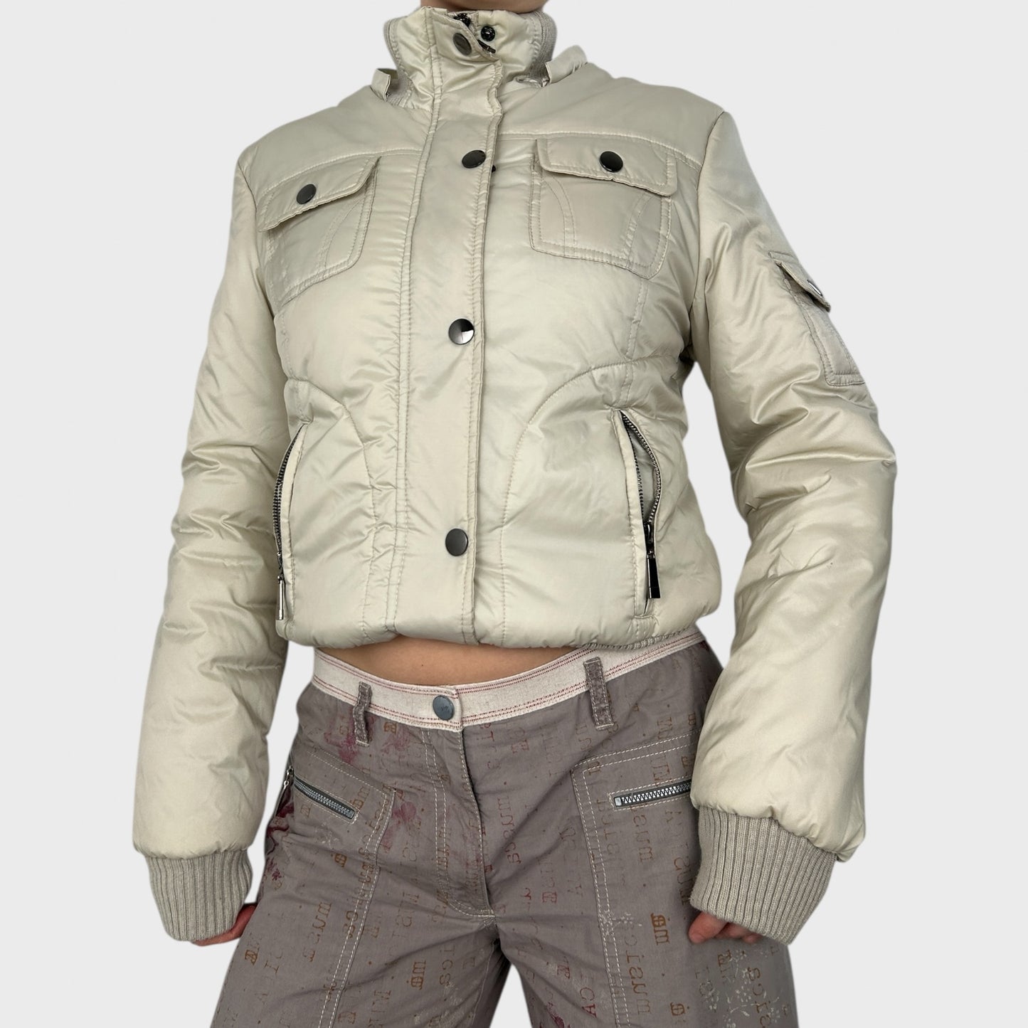 Vintage Cream Zip-Up Bomber Jacket - M