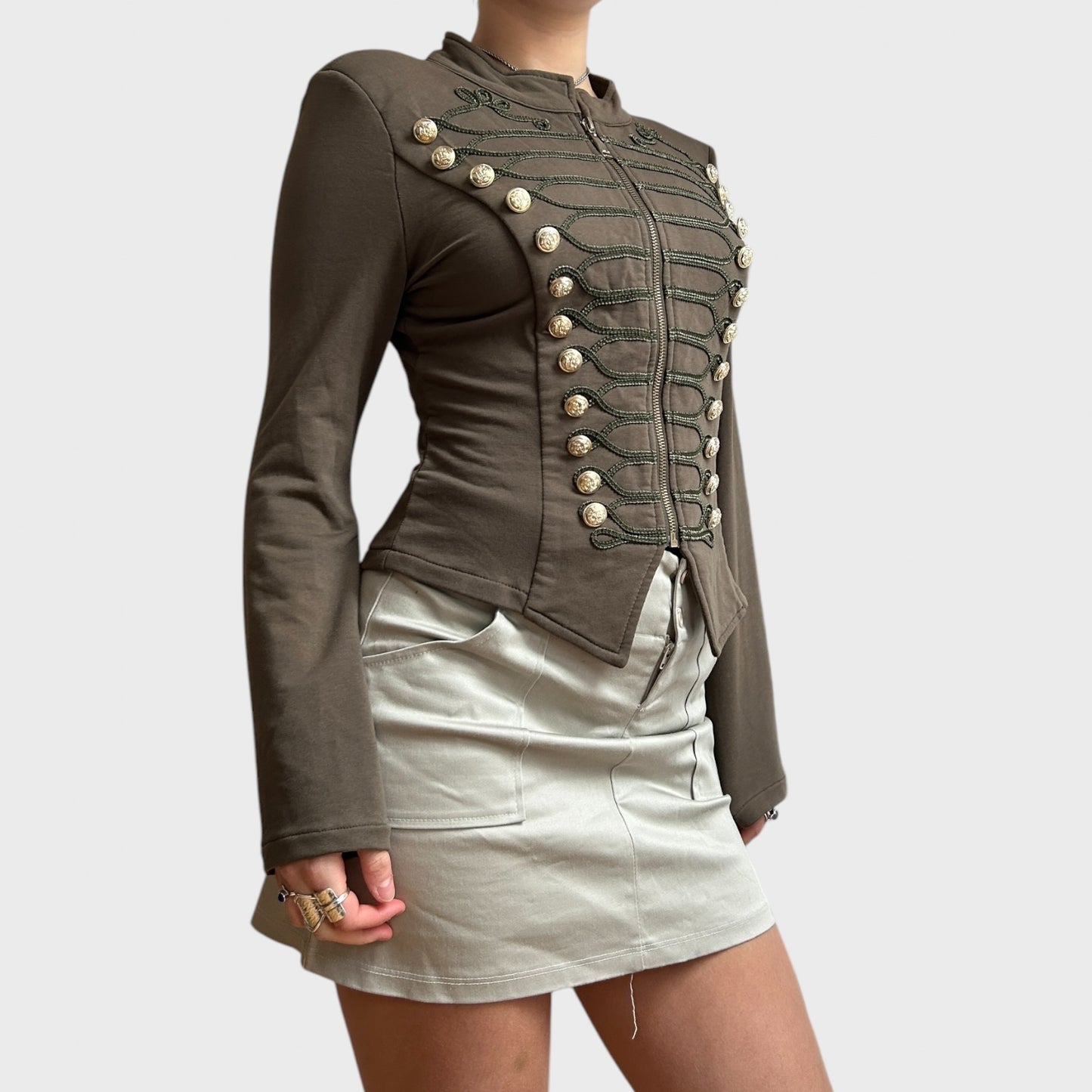 Khaki Military Style Button Zip Up Top/Jacket