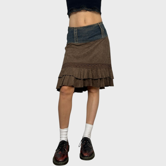 Bi-Material Suede Midi Skirt - S
