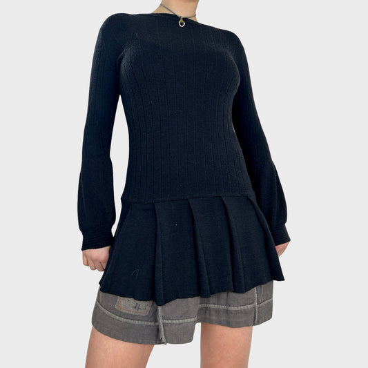 Vintage Sisley Black Knit Pleated Mini Dress - XS/S