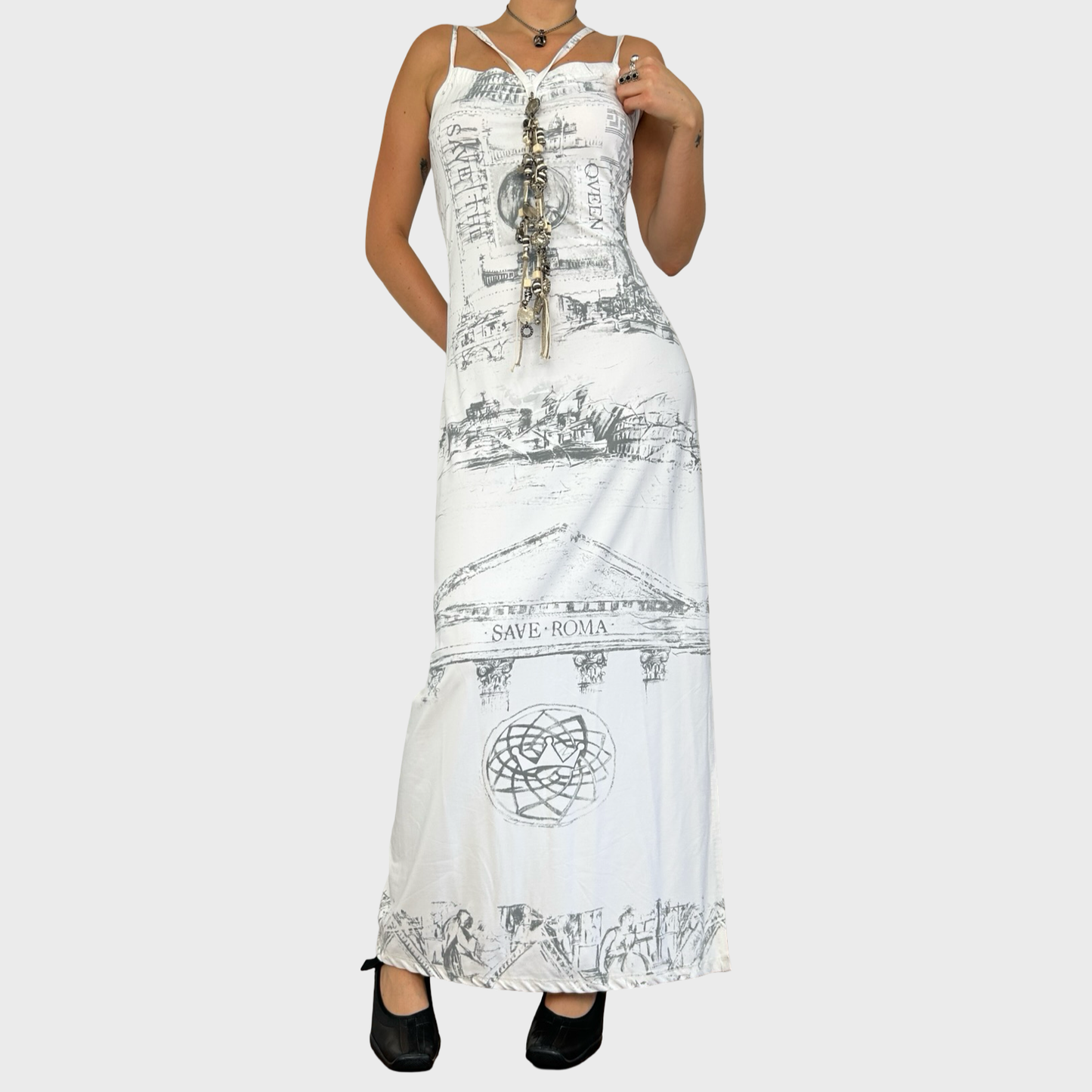 Save The Queen White Graphic Maxi Dress - L