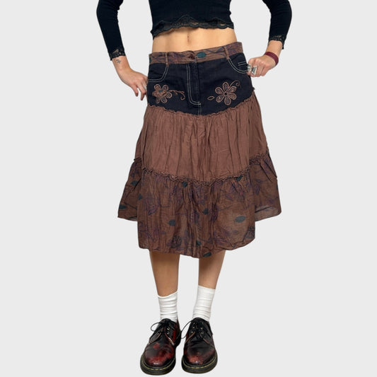 Brown Contrast Flower Midi Skirt - M/L