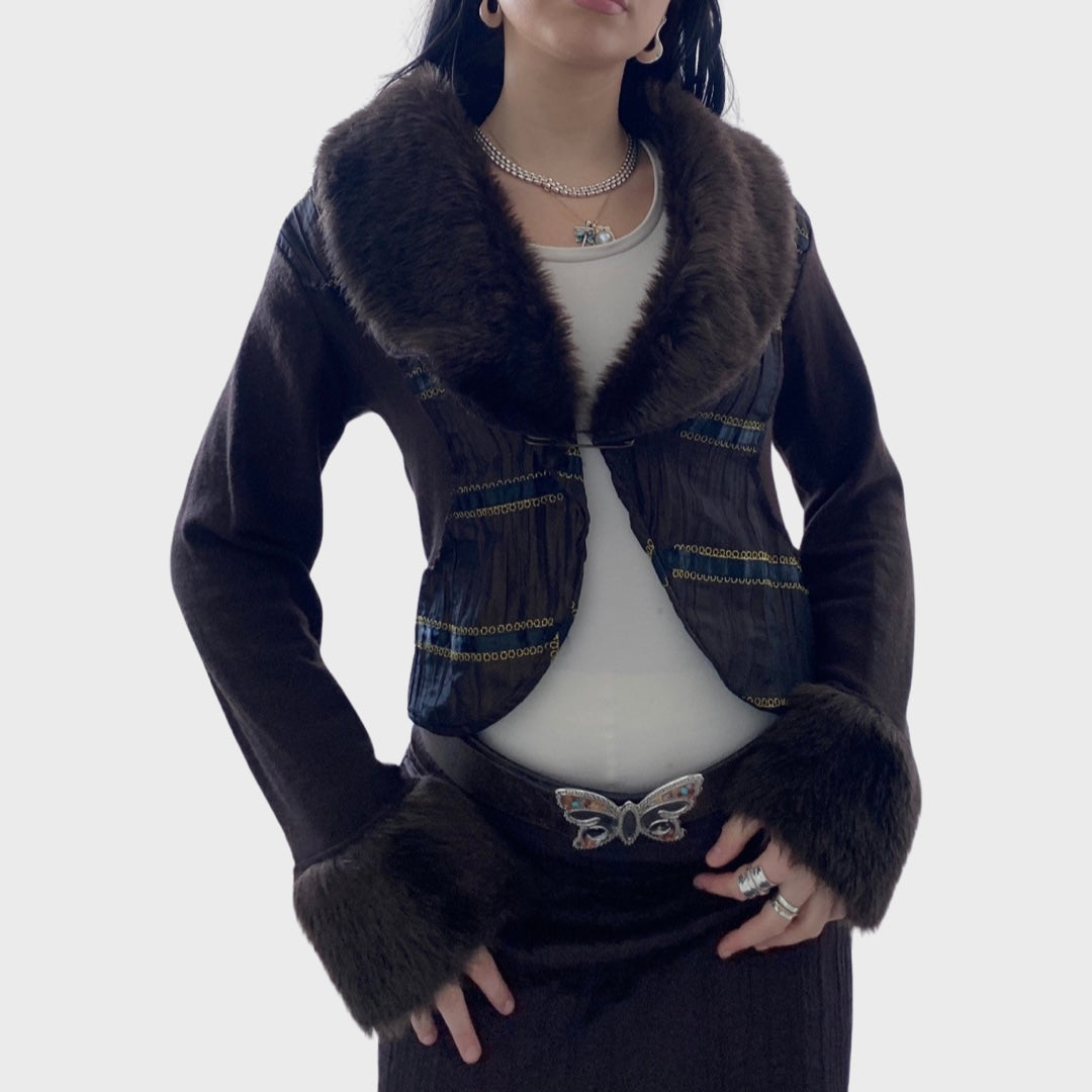 Brown faux fur trim cardigan