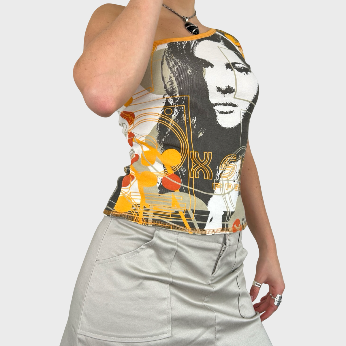 Vintage Graphic Face Print One Shoulder Top - S
