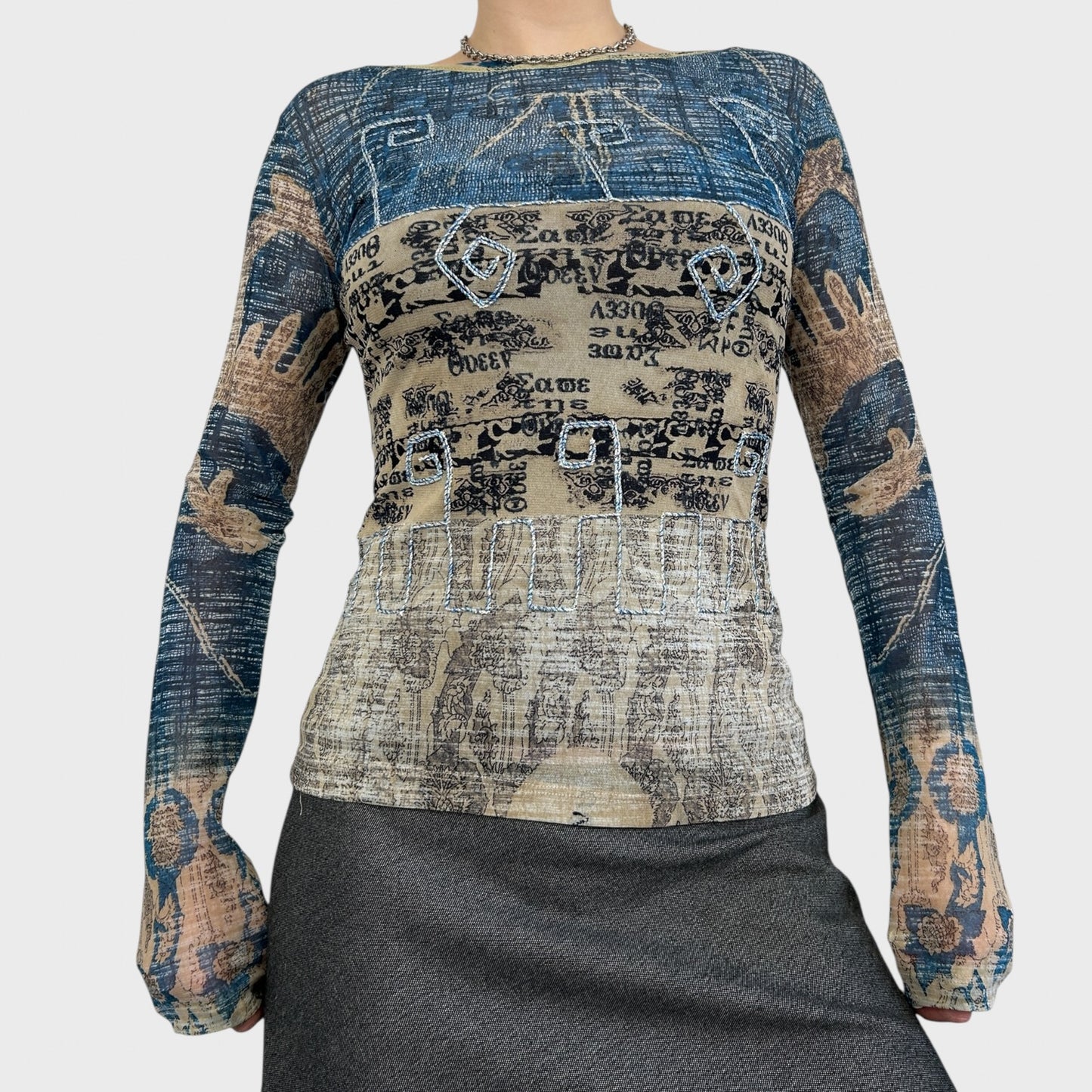Save the Queen Blue Graphic Long Sleeve Mesh Top - S/M