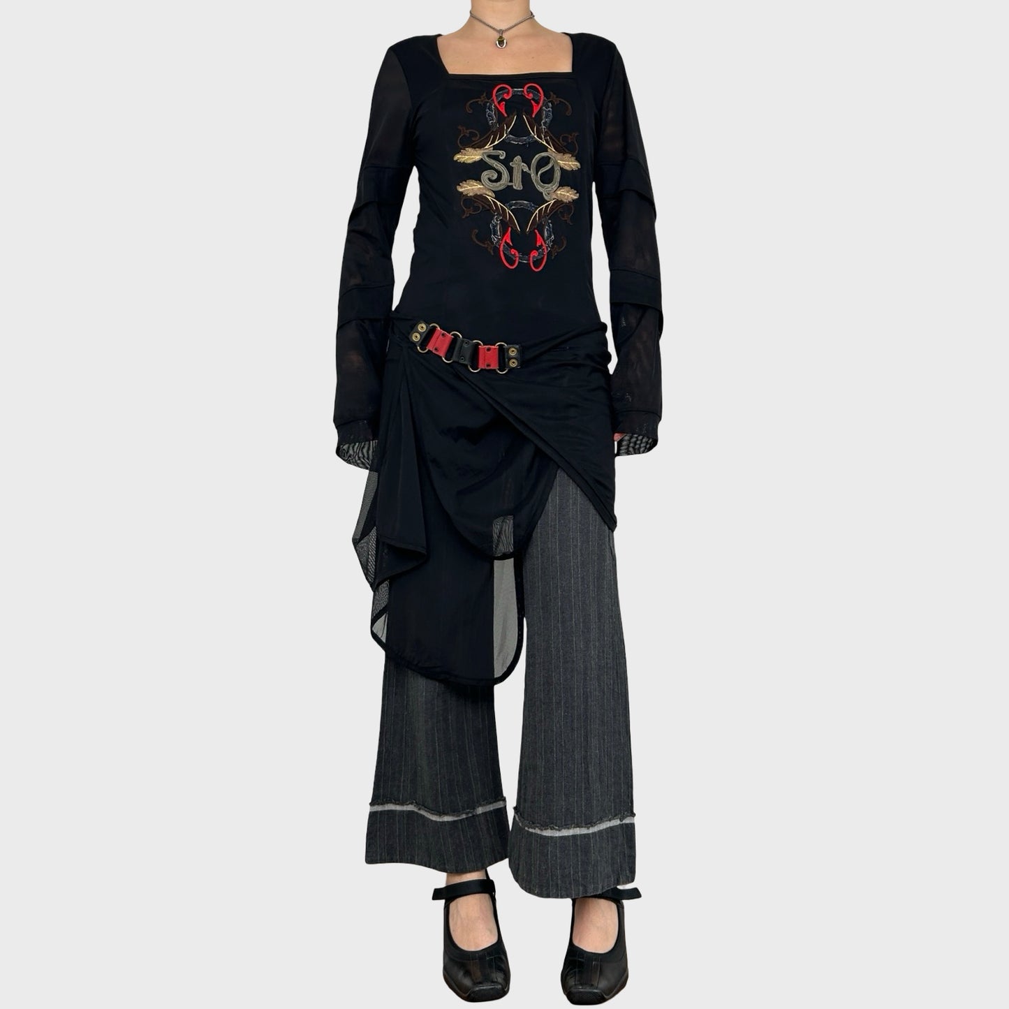 Save the Queen Asymmetric Mesh Long Sleeve Dress - M
