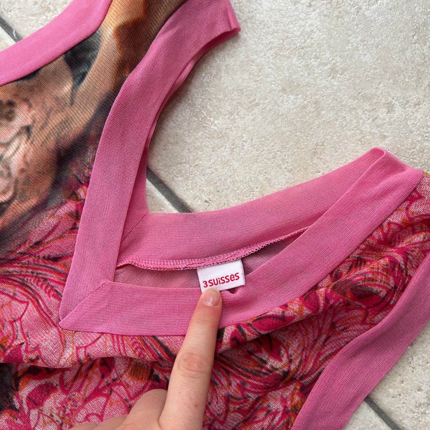 Pink Graphic Vintage Mesh Midi Dress