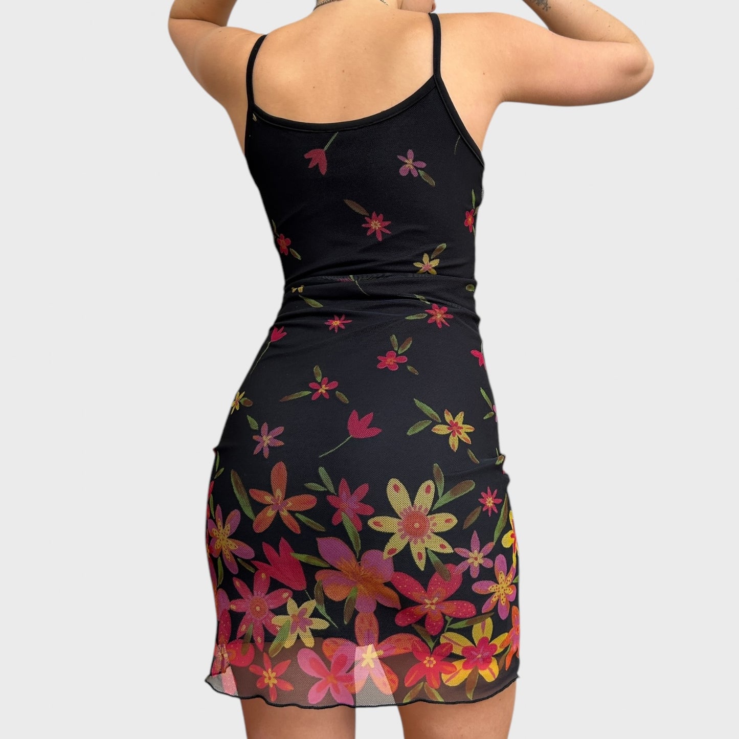90s Floral Mesh Overlay Black Mini Dress