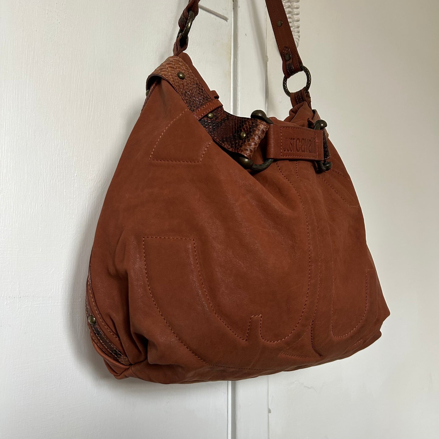 Roberto Cavalli 2000s Tan Leather Logo Shoulder Bag