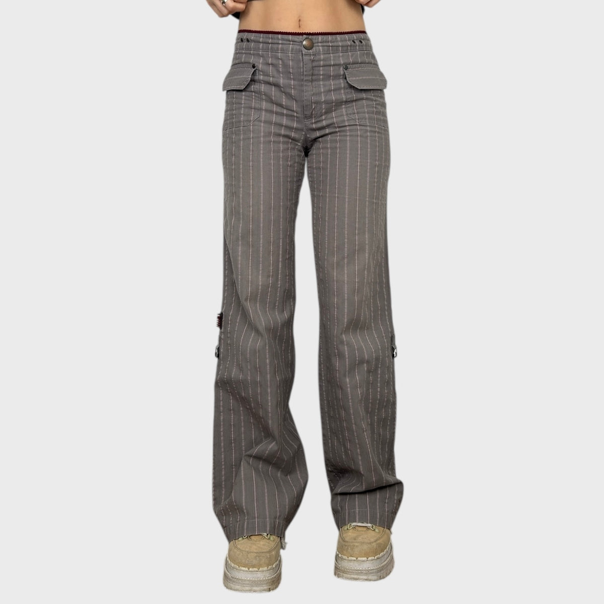 Cop Copine Grey & Pink Pinstripe Trousers - M