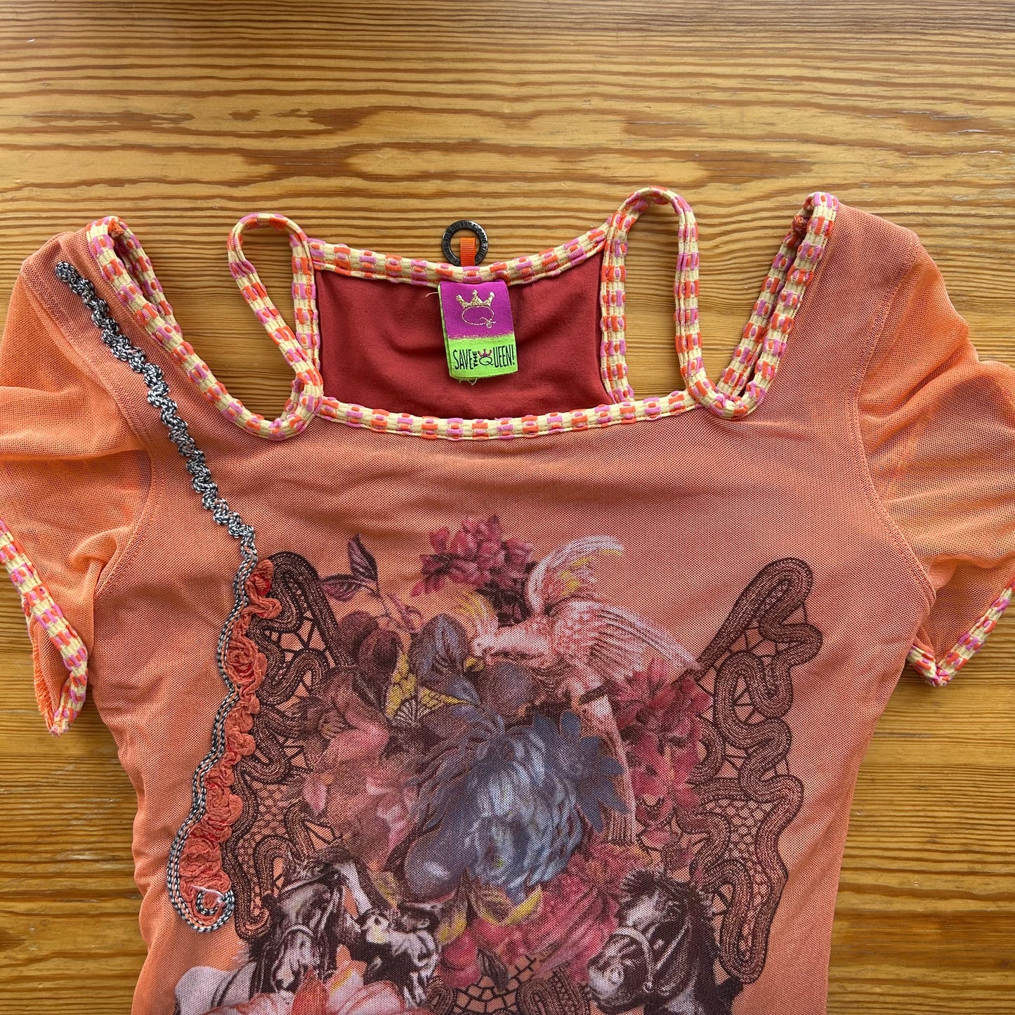 Save The Queen Orange Graphic Floral Mesh Top - M