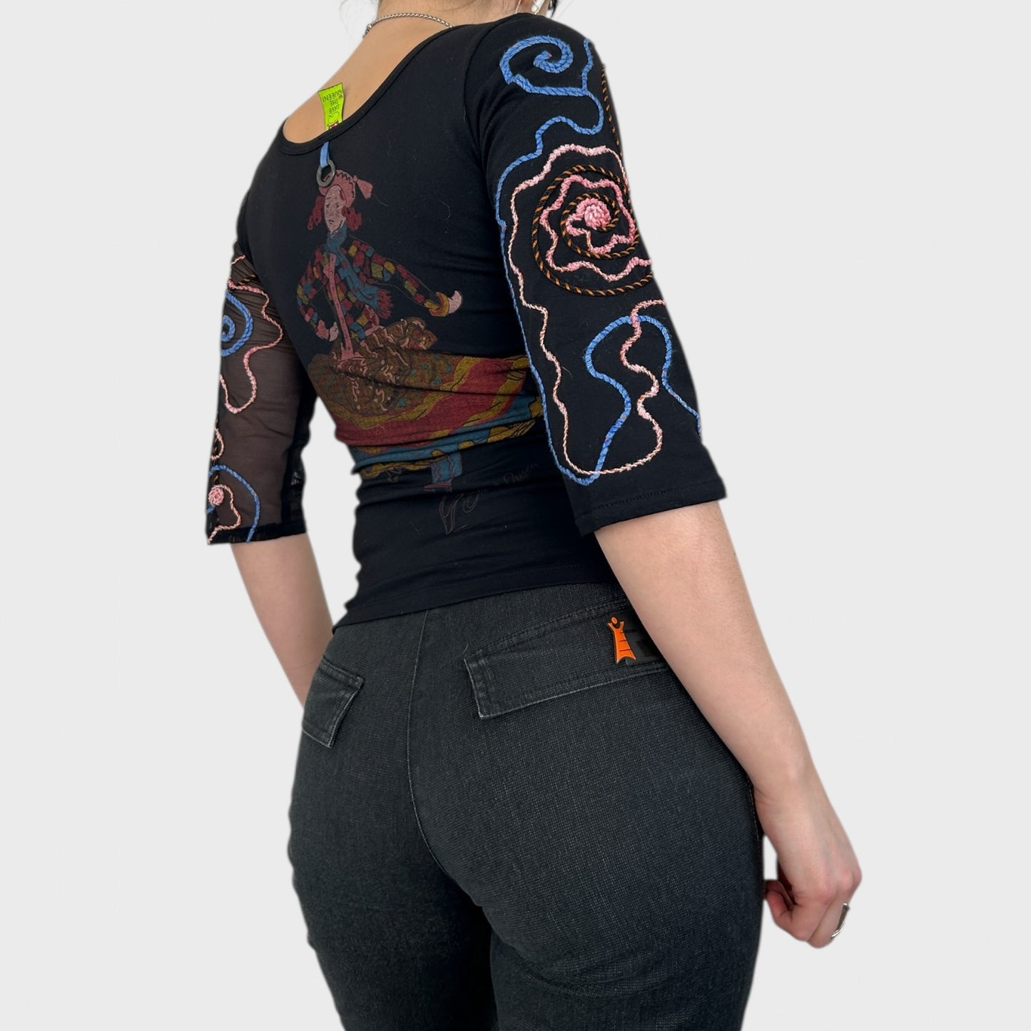Save the Queen Black Bi-Material Mesh Swirl Top - S