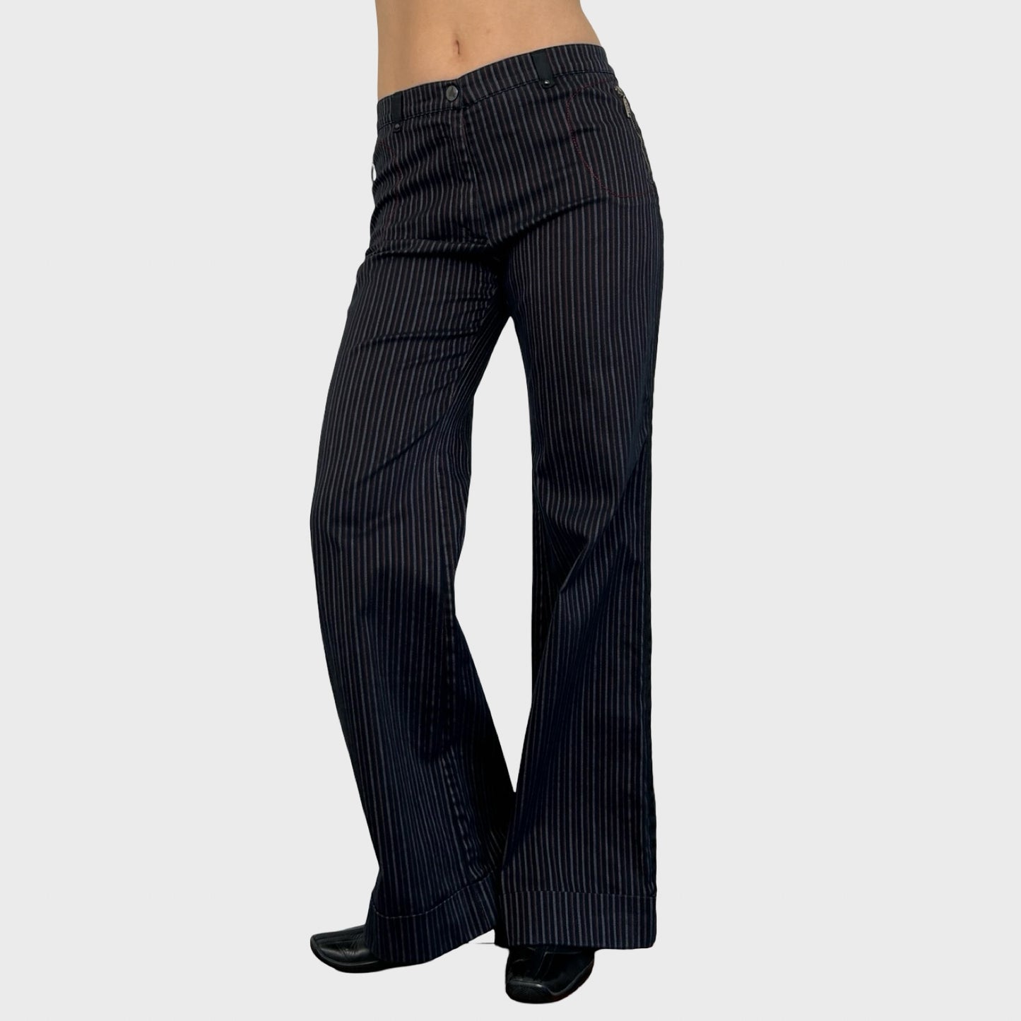 Cop Copine Navy Pinstripe Wide Leg Trousers - M/L