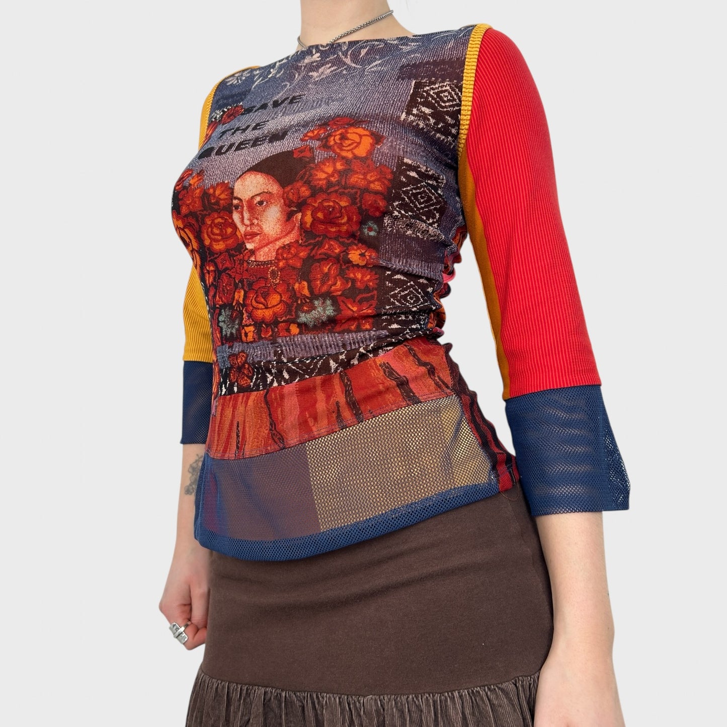 Save the Queen Graphic Face Print Mesh Top - S/M