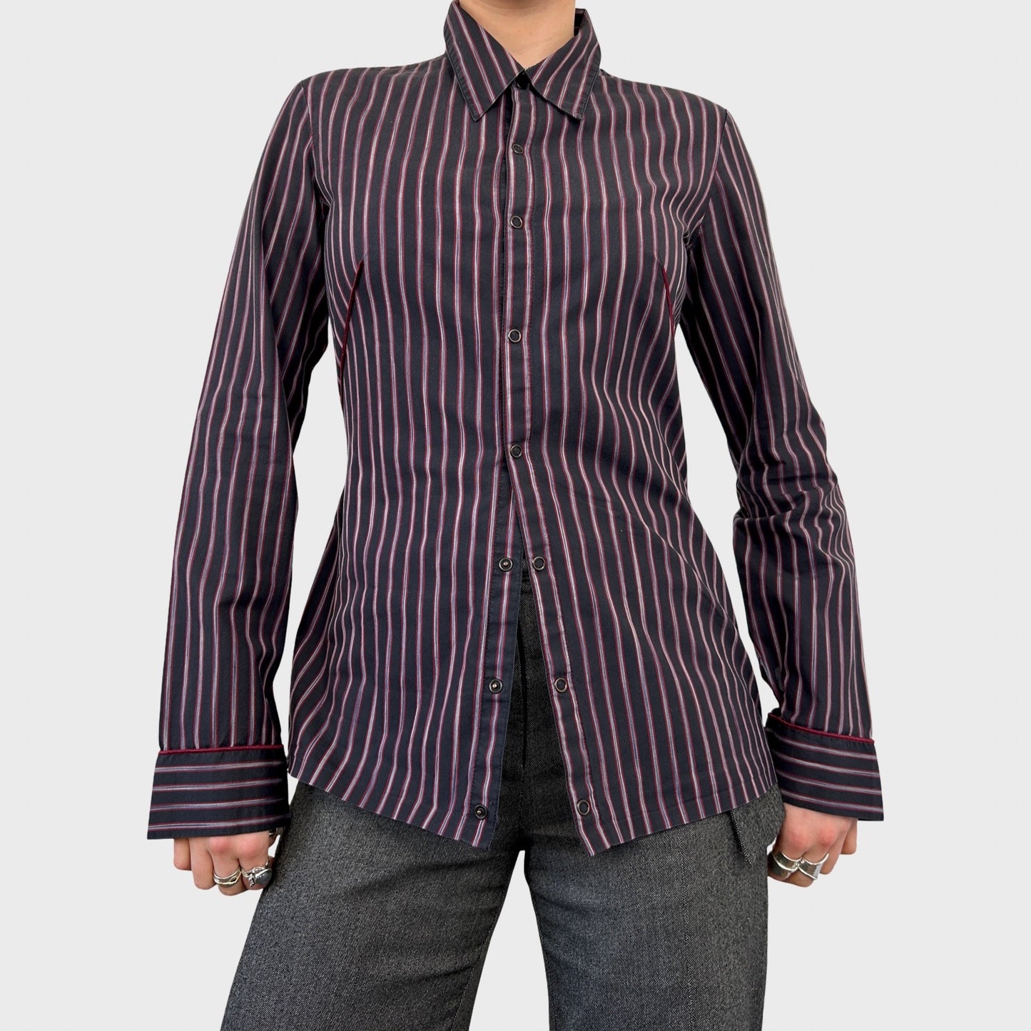 Cop Copine Striped Graphic Button-Up Shirt - S