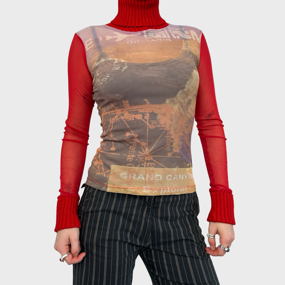 Vintage Red Graphic Mesh Long Sleeve Top - XS/S