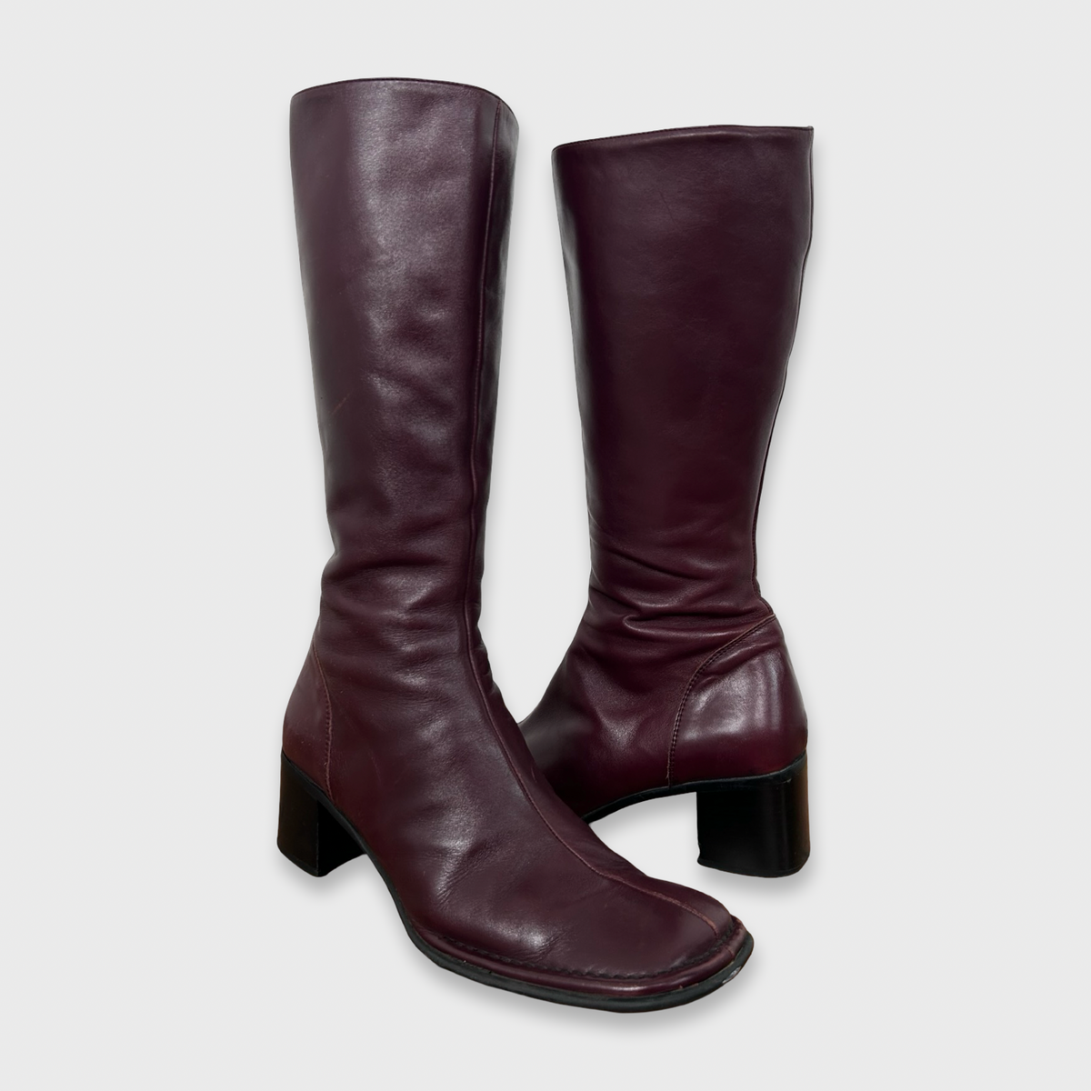 Vintage Burgundy Leather Square-Toe Heeled Boots - 38.5