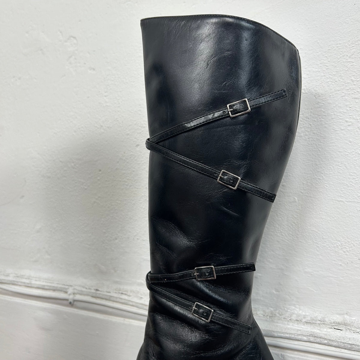 Vintage Black Leather Buckle Strap Pointed Heeled Boots - EUR 38